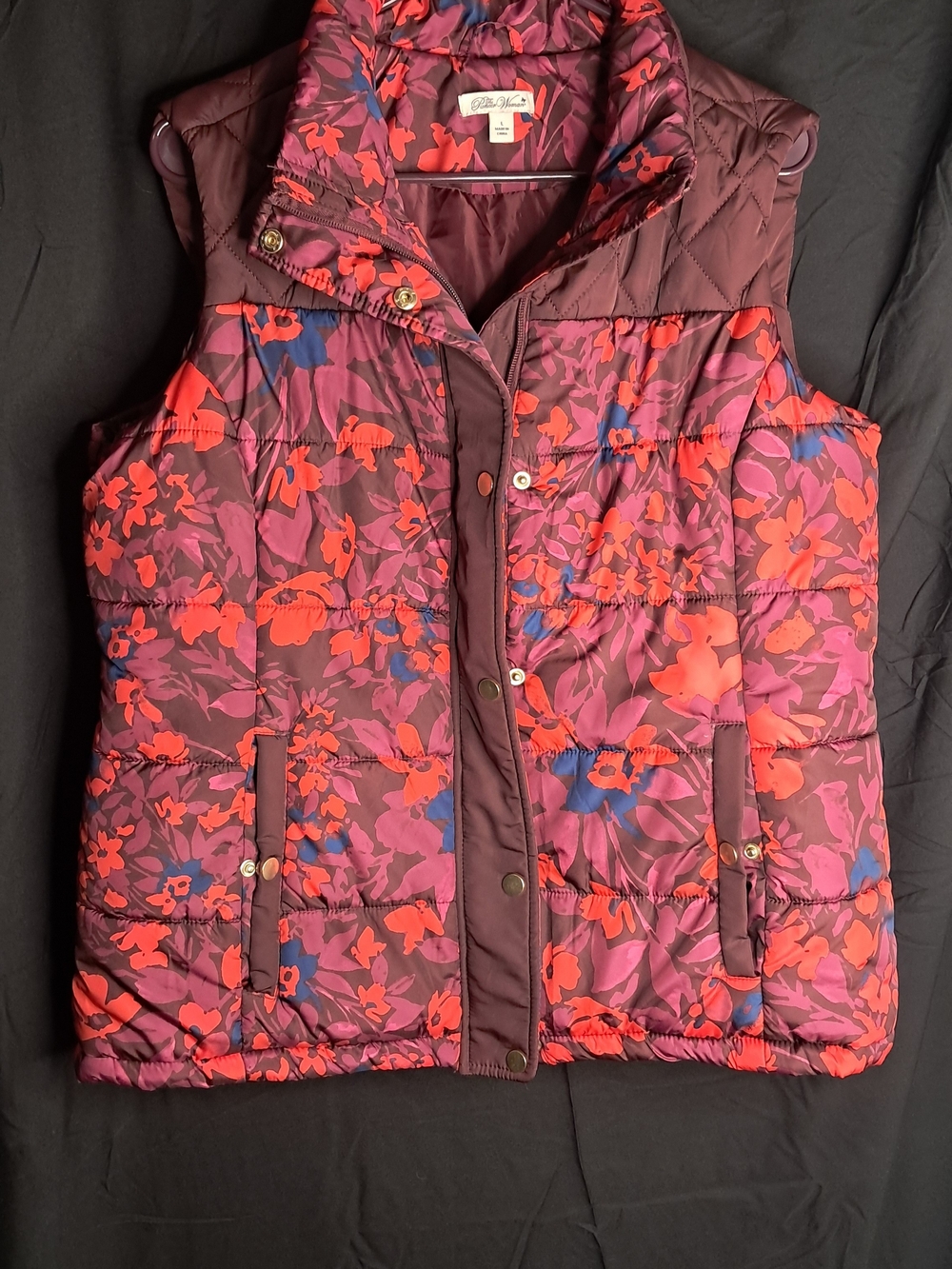 The Pioneer Woman Floral Quilted Puffer Vest Purple Pink Snap Front Size L